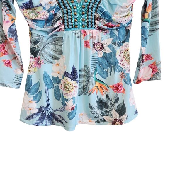 Boston Proper Floral Flower Beaded Embellished Boho Blouse V-Neck Multi Size XS - Picture 4 of 8